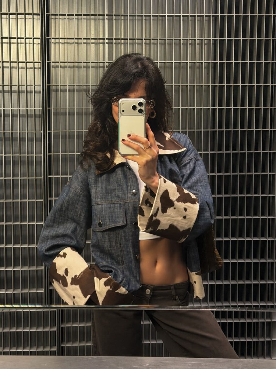 Suiva denim jacket with cow print – Blue/brown/white