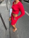 Tina cropped cardigan in pointelle - Red