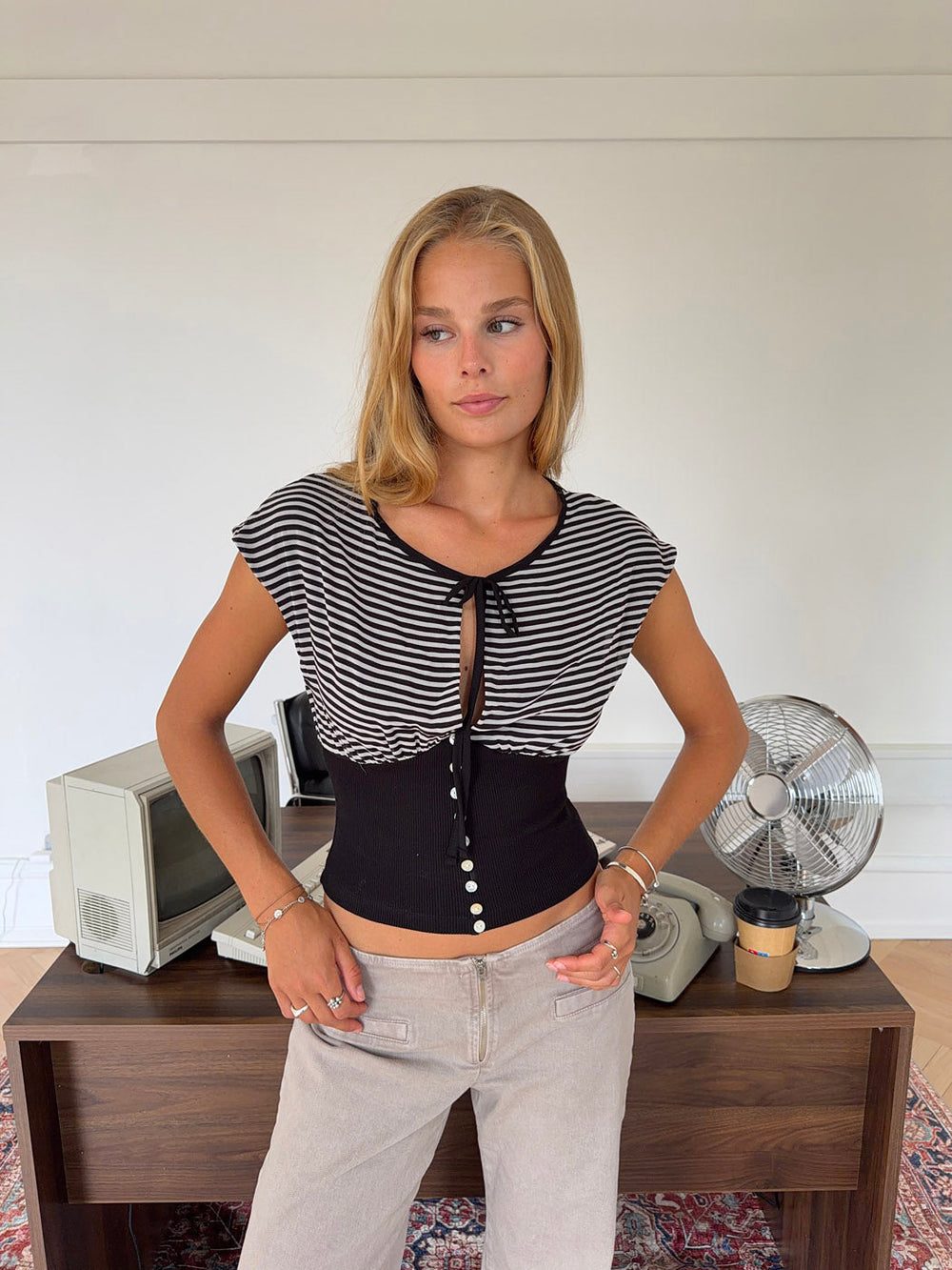 Bianca striped top with details - Black/White